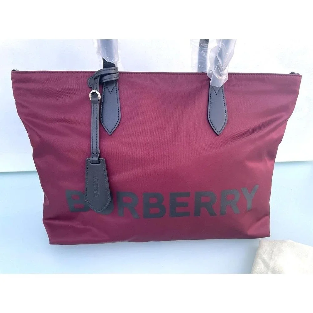 Burberry LL MD Nylon and Leather Tote Bag, in Dark Red, Made‎ in Italy